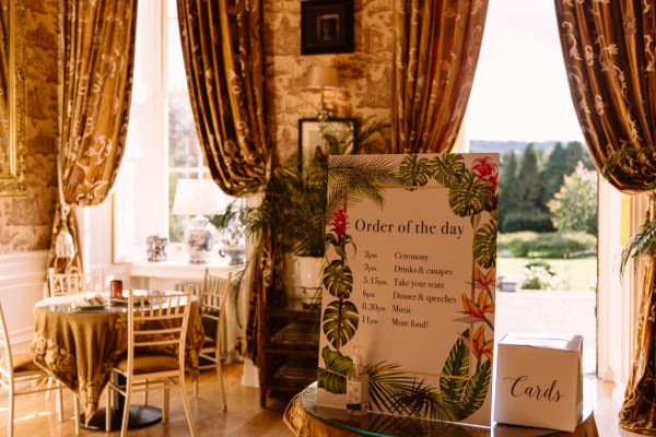 welcome sign with order of the day and box for cards