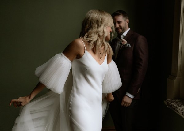 Bride and groom on stairs