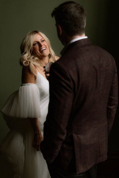 Bride and groom on stairs