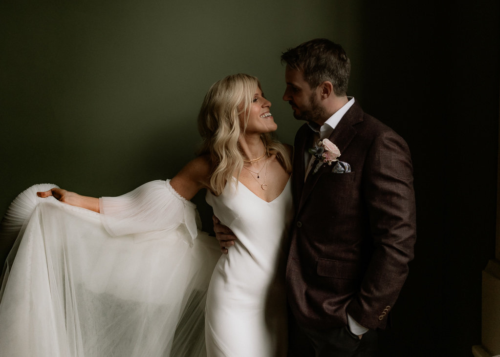 Bride and groom on stairs