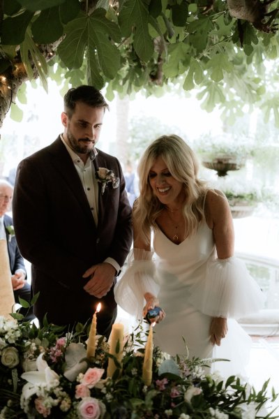 Bride groom laughing