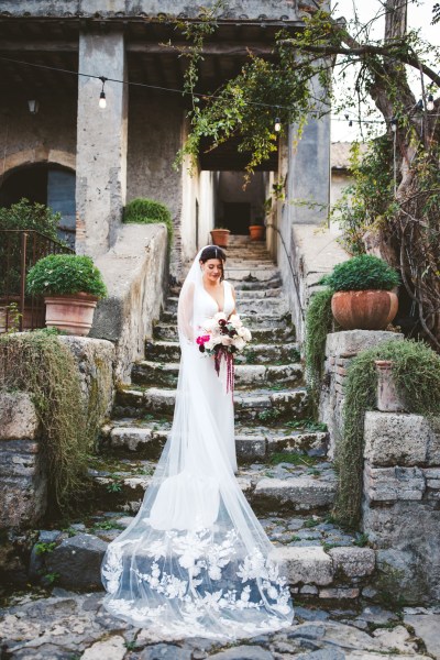 bride with cathedral veil at destination wedding