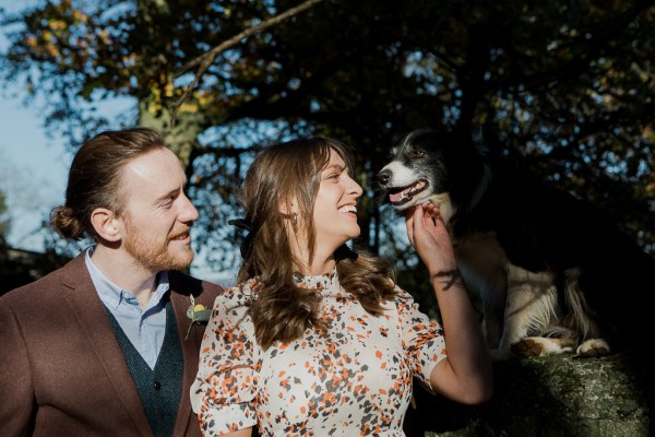 bride and groom couple with dog