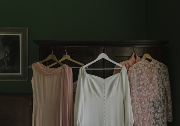 wedding dress and bridesmaids dresses morning of wedding