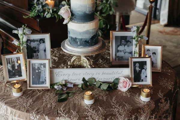 B&W Black and White photos on table pink rose cake candles