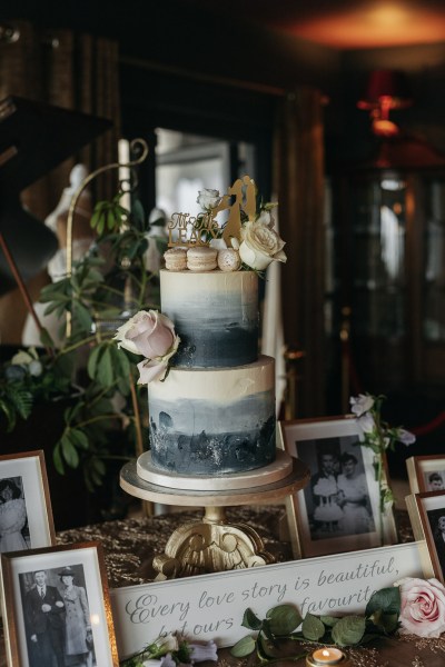 B&W Black and White photos on table pink rose cake candles White roses on cake treats macaroons Mr and Mrs Leacy couple