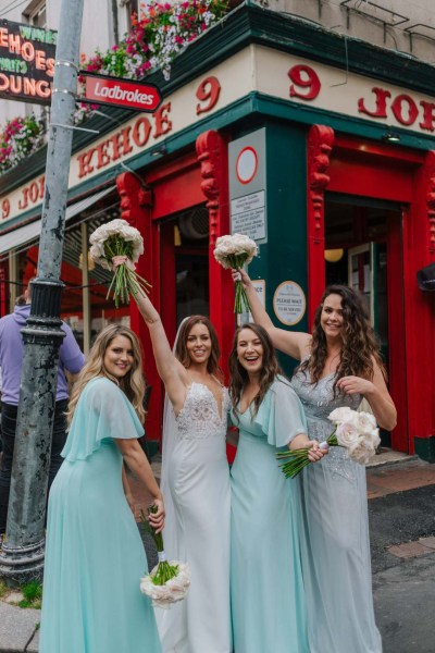 Bride and bridesmaids outside Kehoe's pub