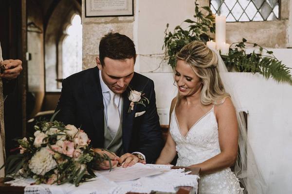 bride and groom signing register