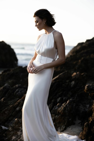 Bride on beach silk wedding dress