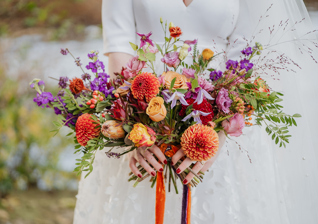 bride and colourful bouquet