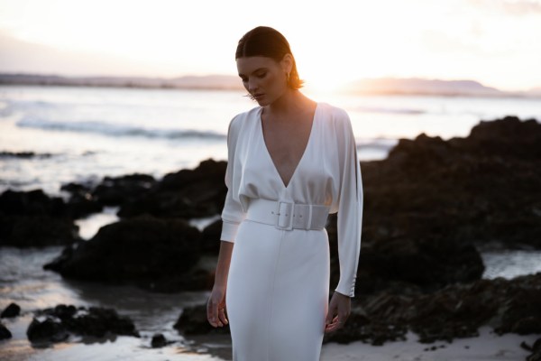 Bride on beach silk wedding dress