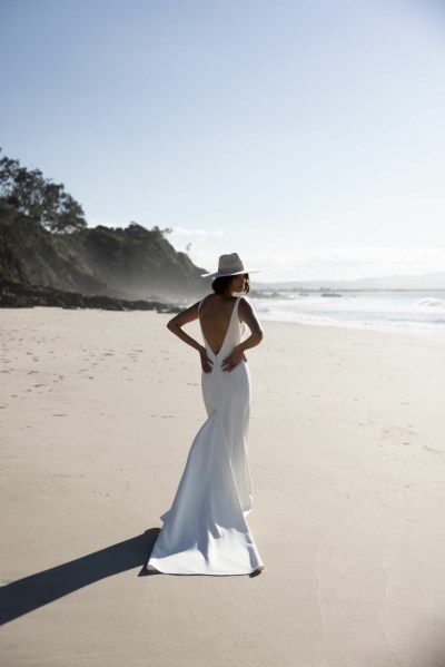 Bride on beach silk wedding dress Karen Willis Holmes