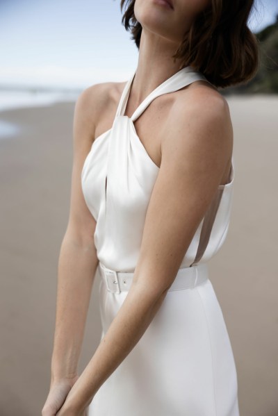 Bride on beach silk wedding dress Karen Willis Holmes