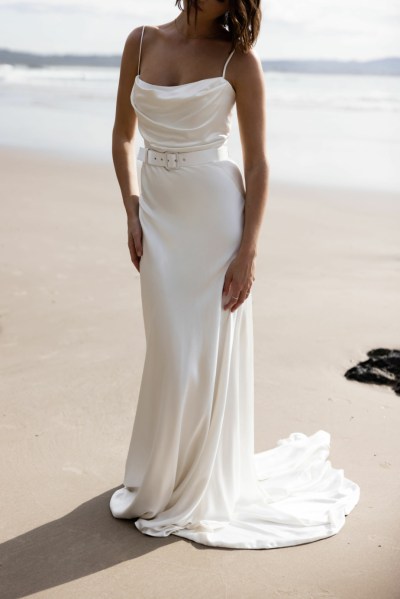 Bride on beach silk wedding dress Karen Willis Holmes