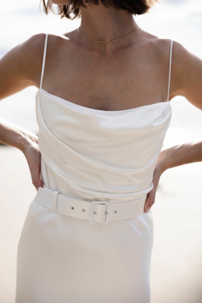 Bride on beach silk wedding dress Karen Willis Holme