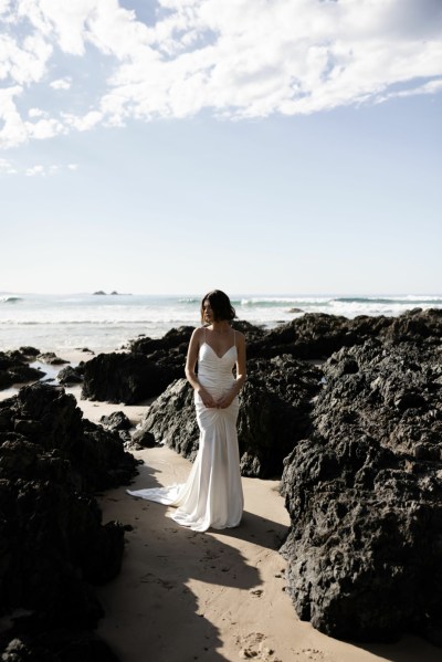 Bride on beach silk wedding dress