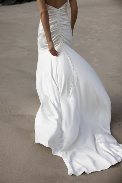 Bride on beach silk wedding dress Karen Willis Holmes