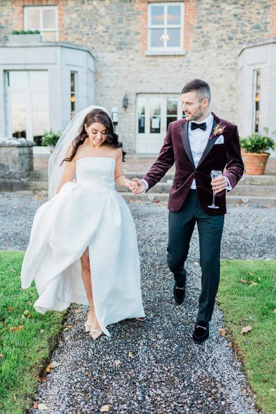 bride and groom wine tuxedo