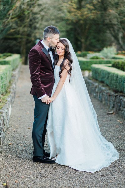 bride and groom wine tuxedo