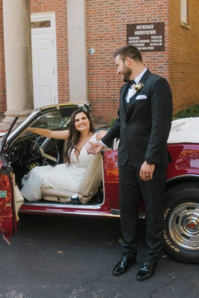 bride and groom wedding car red convertible