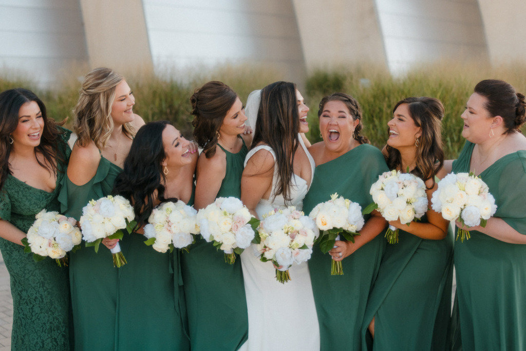 bride and green bridesmaids