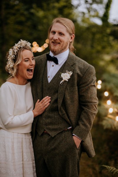 bride and groom outdoors boho lake woodlands