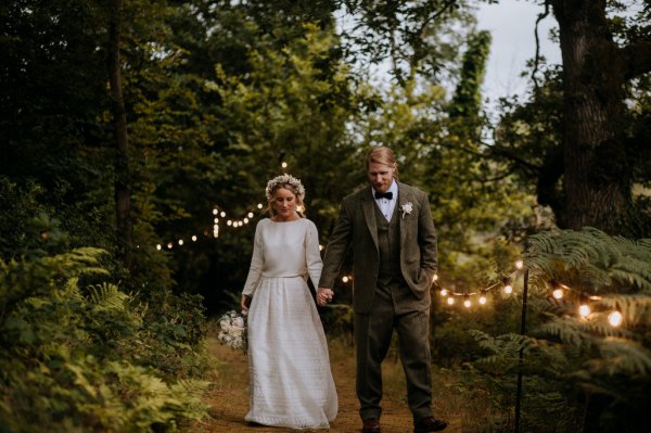 bride and groom outdoors boho lake woodlands