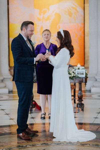 Dublin city hall wedding long sleeved white dress and hairband