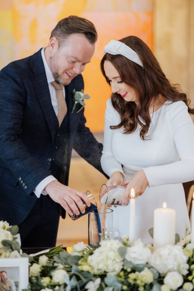 sand ceremony Dublin city hall wedding long sleeved white dress and hairband