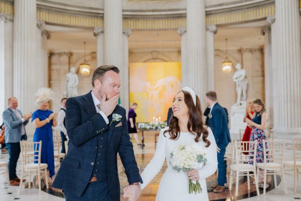 Dublin city hall wedding long sleeved white dress and hairband