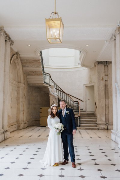 Dublin city hall wedding long sleeved white dress and hairband