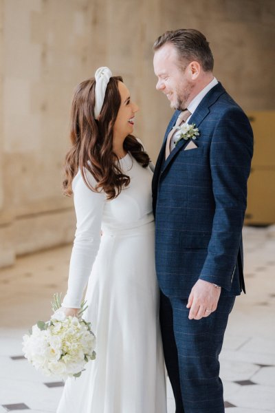 Dublin city hall wedding long sleeved white dress and hairband