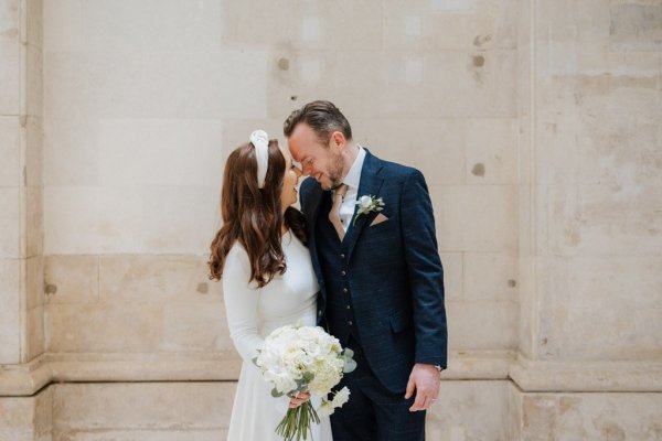 ceremony reading Dublin city hall wedding long sleeved white dress and hairband