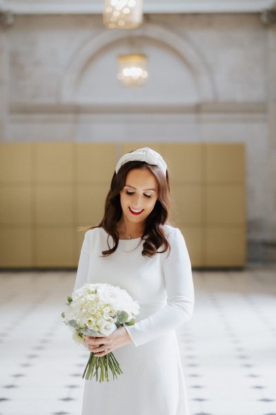 Dublin city hall wedding long sleeved white dress and hairband