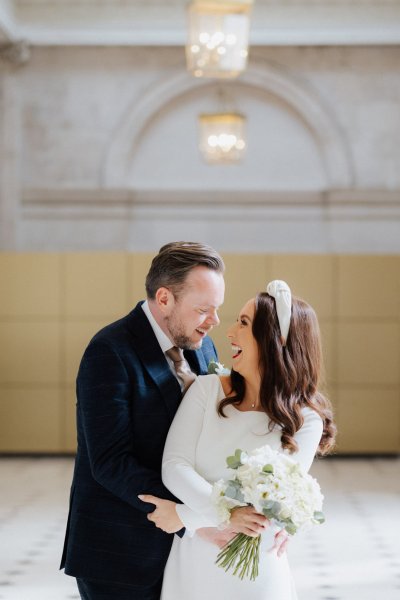 Dublin city hall wedding long sleeved white dress and hairband