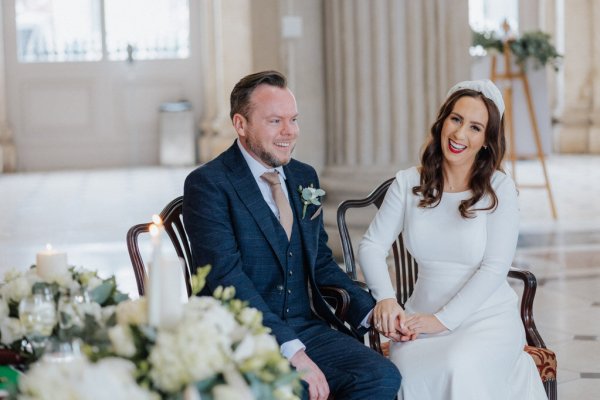 Dublin city hall wedding long sleeved white dress and hairband