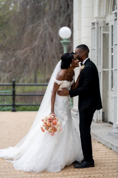 Bride and groom bouquet pink roses flowers elegant mountain scenic