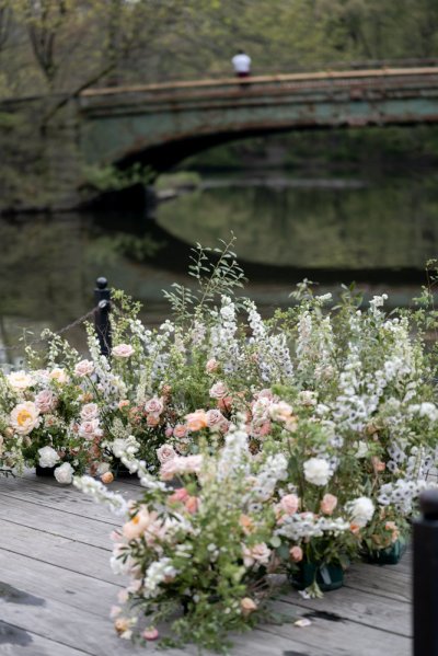 setting lake mountain roses pink flowers