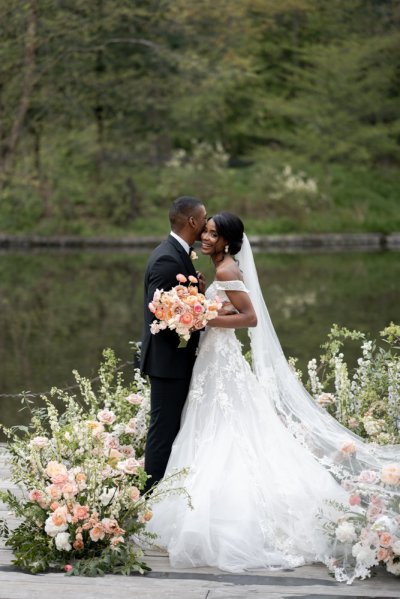 Bride and groom bouquet pink roses flowers elegant mountain scenic lake