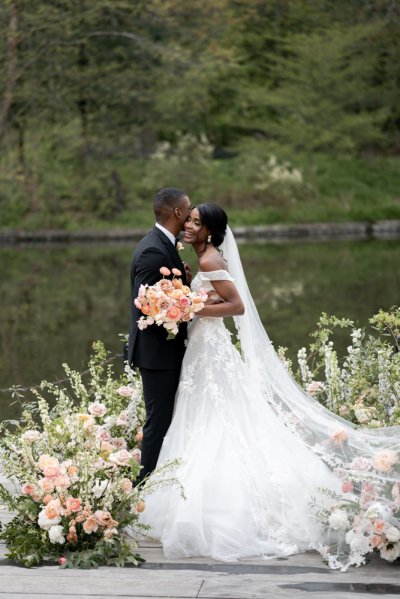 Bride and groom bouquet pink roses flowers elegant mountain scenic lake