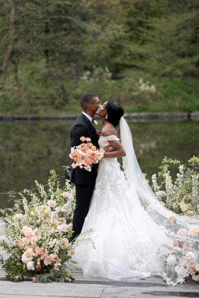 Bride and groom bouquet pink roses flowers elegant mountain scenic lake