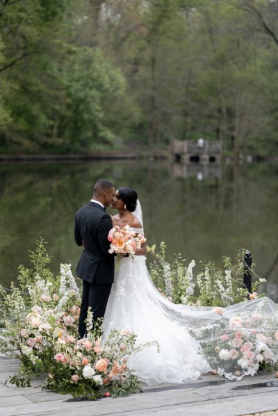 Bride and groom bouquet pink roses flowers elegant mountain scenic lake