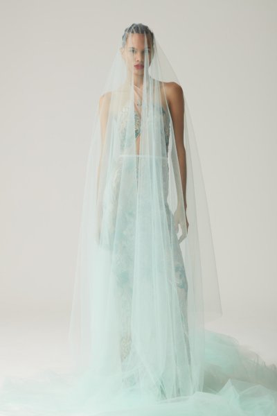 Mint green long dress veil wedding