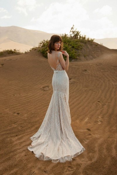 Model long bridal gown bride beach