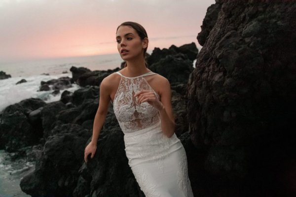 Model evening shot bridal gown bride beach cliffs