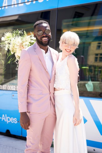 Bride groom smiling sunglasses