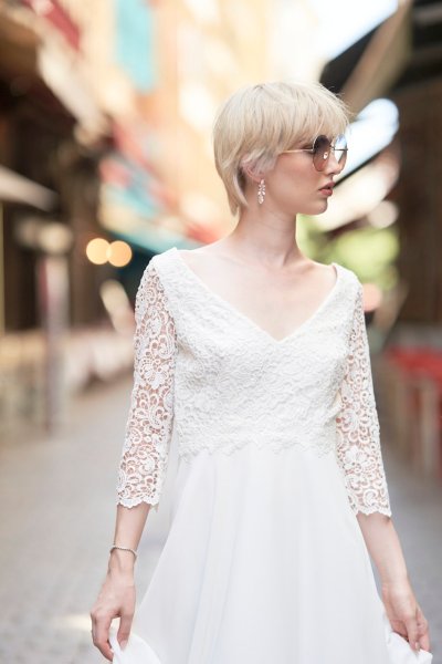 Bride wedding dress lace on her own street style