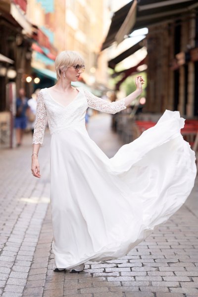 Bride wedding dress lace on her own street style