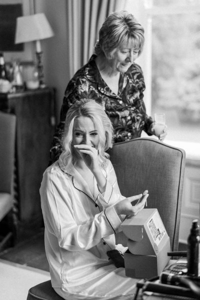 Bride getting ready hairstyle hair detail black and white