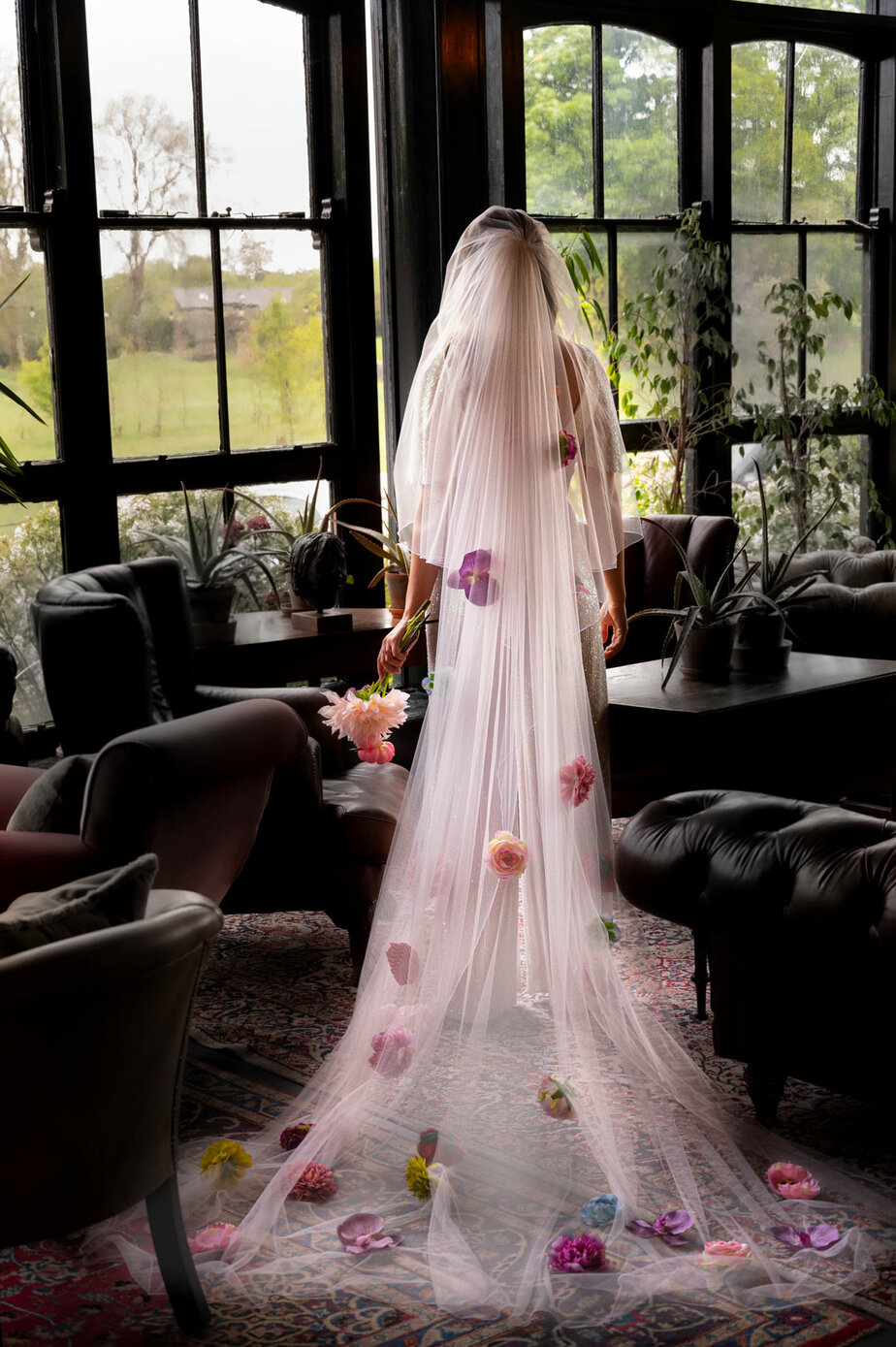 Summer garden veil supersoft Italian off white tulle with multi colour flowers Alternative wedding dress